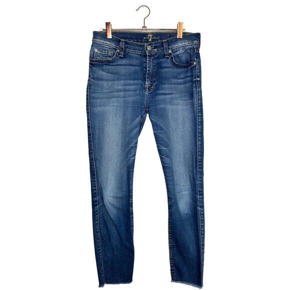 7 For All Mankind Raw Hem Ankle Skinny Jeans Size 27 Medium Wash Mid Rise - Picture 2 of 11